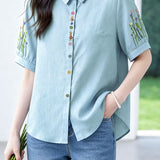 Casual Fresh Floral & Plant Embroidered 100% Cotton Blouse