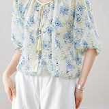 Casual Fresh Tie Waist Floral Printed Blouse