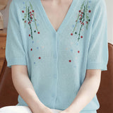 Gentle Elegant Plum Blossom Embroidered Tencel Short Sleeve Knit Top
