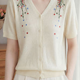 Gentle Elegant Plum Blossom Embroidered Tencel Short Sleeve Knit Top