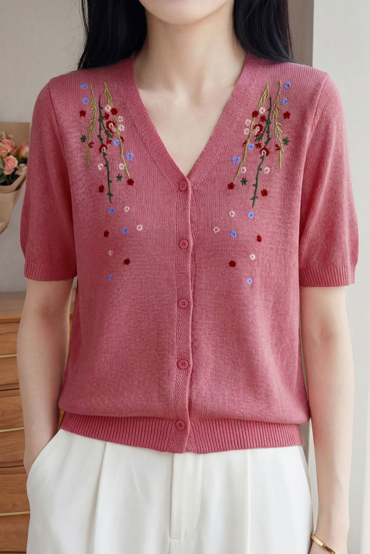 Gentle Elegant Plum Blossom Embroidered Tencel Short Sleeve Knit Top