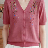 Gentle Elegant Plum Blossom Embroidered Tencel Short Sleeve Knit Top