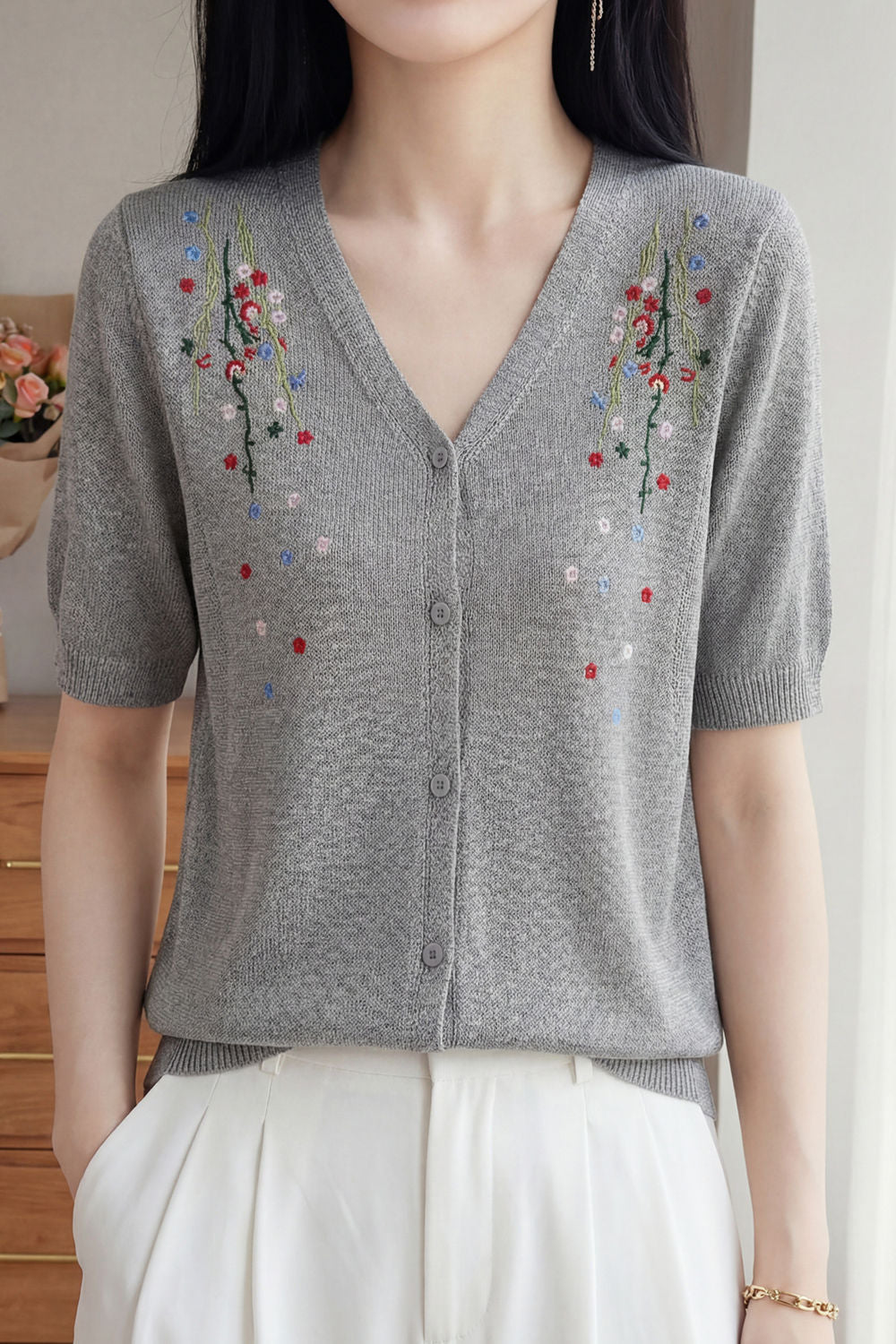 Gentle Elegant Plum Blossom Embroidered Tencel Short Sleeve Knit Top