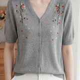 Gentle Elegant Plum Blossom Embroidered Tencel Short Sleeve Knit Top