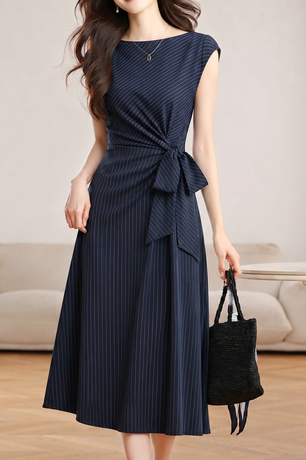 Elegant Commuter Vertical Striped Tie Sleeveless Dress