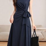 Elegant Commuter Vertical Striped Tie Sleeveless Dress