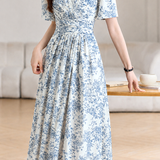 French Elegant Waist-cinched Blue and White Porcelain Printed Tie Split Dress