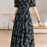 French Elegant Waist-cinched Blue and White Porcelain Printed Tie Split Dress