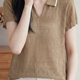 Casual Elegant Tencel Linen Hollow-out Polo Collar Short Sleeve Knit Top