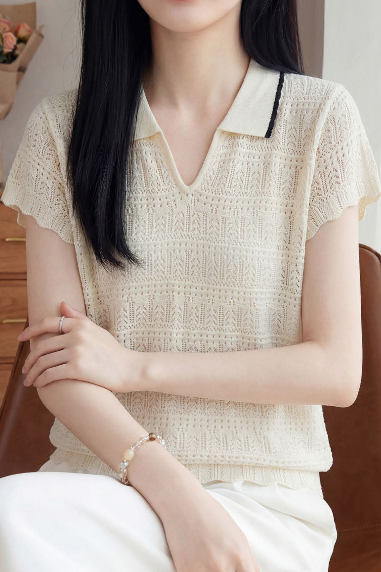 Casual Elegant Tencel Linen Hollow-out Polo Collar Short Sleeve Knit Top
