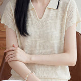 Casual Elegant Tencel Linen Hollow-out Polo Collar Short Sleeve Knit Top