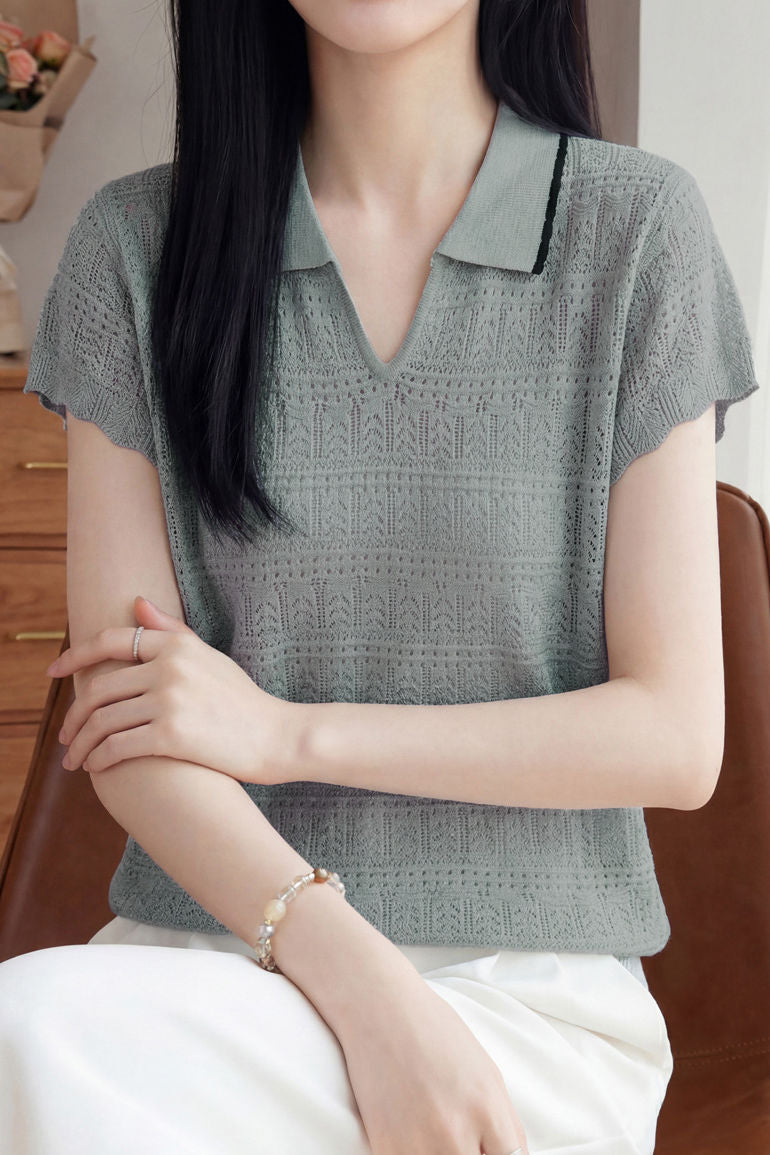 Casual Elegant Tencel Linen Hollow-out Polo Collar Short Sleeve Knit Top