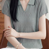 Casual Elegant Tencel Linen Hollow-out Polo Collar Short Sleeve Knit Top