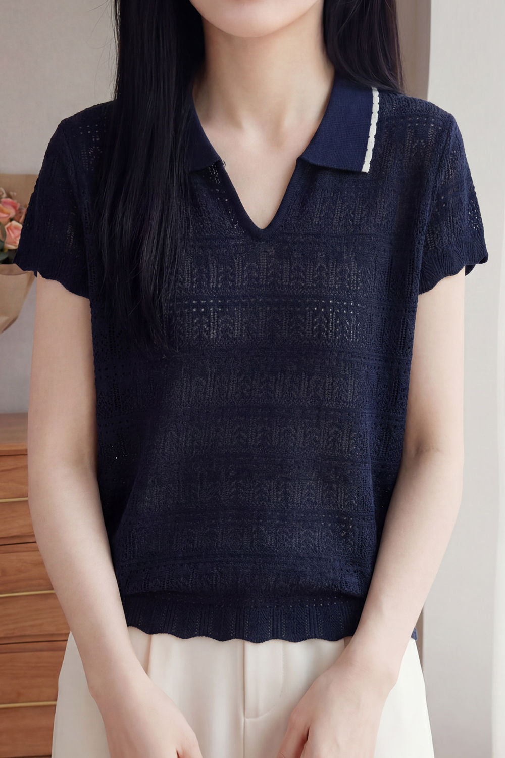 Casual Elegant Tencel Linen Hollow-out Polo Collar Short Sleeve Knit Top