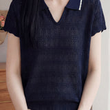 Casual Elegant Tencel Linen Hollow-out Polo Collar Short Sleeve Knit Top