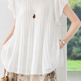Graceful Commuter Vertical Pleated Flutter Sleeve Chiffon Blouse