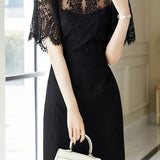 Mature Elegant Lace Cape Spliced Waist-cinched Dress