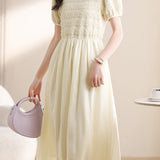 French Textured Crew Neck Short Sleeve Maxi Dress With Full Skirt
