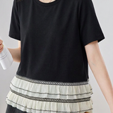 Delicate Casual Crew Neck Fake Two-piece Spliced T-shirt With Lace Hem