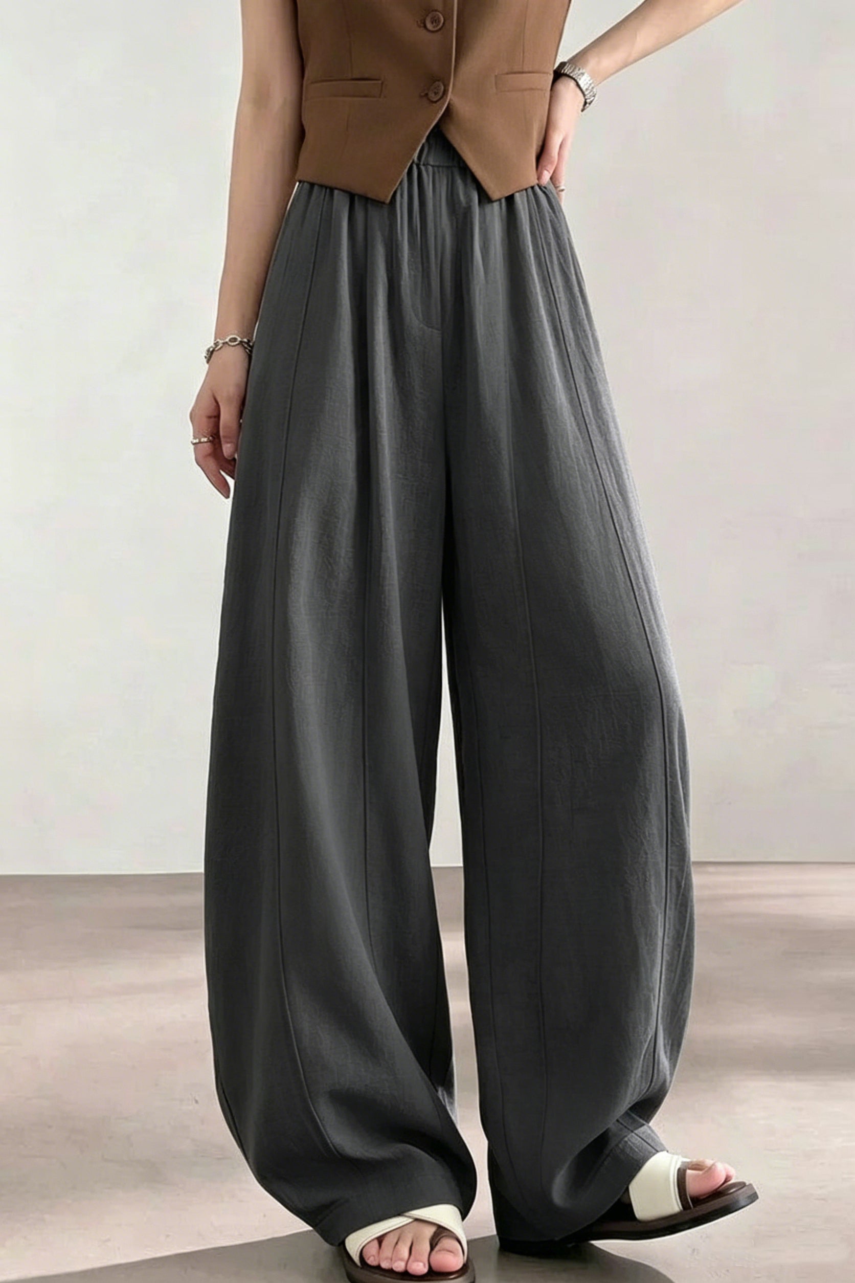 Casual High Waist Ice Silk Draped Curved Wide-leg Pants