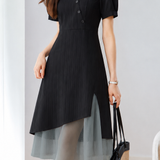Elegant Commuter Diagonal Button Irregular Mesh Spliced Dress