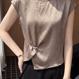 Elegant Pearl Pin-tuck Asymmetric Crinkled Blouse