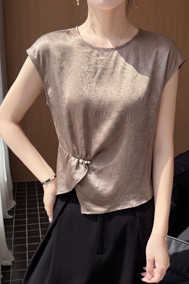 Elegant Pearl Pin-tuck Asymmetric Crinkled Blouse