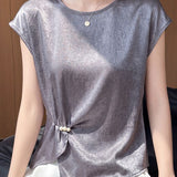 Elegant Pearl Pin-tuck Asymmetric Crinkled Blouse