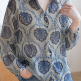 Elegant Vintage Gold-thread Floral Ruched Blouse