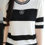 Delicate Elegant Crew Neck Ice Yarn Camellia Short Sleeve Knit Top