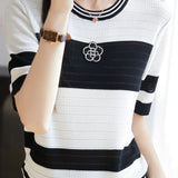 Delicate Elegant Crew Neck Ice Yarn Camellia Short Sleeve Knit Top
