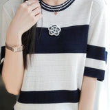 Delicate Elegant Crew Neck Ice Yarn Camellia Short Sleeve Knit Top