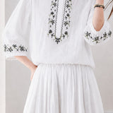 Elegant Commuter Floral Embroidered Seven-point Sleeve Blouse