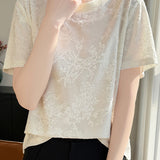 Graceful Elegant Silk Jacquard Crew Neck Short Sleeve T-shirt