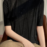 Elegant Commuter Mock Neck Sequin Ribbed Short Sleeve Knit Top