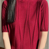Elegant Commuter Mock Neck Sequin Ribbed Short Sleeve Knit Top