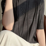 Elegant Commuter Mock Neck Sequin Ribbed Short Sleeve Knit Top