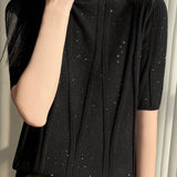 Elegant Commuter Mock Neck Sequin Ribbed Short Sleeve Knit Top