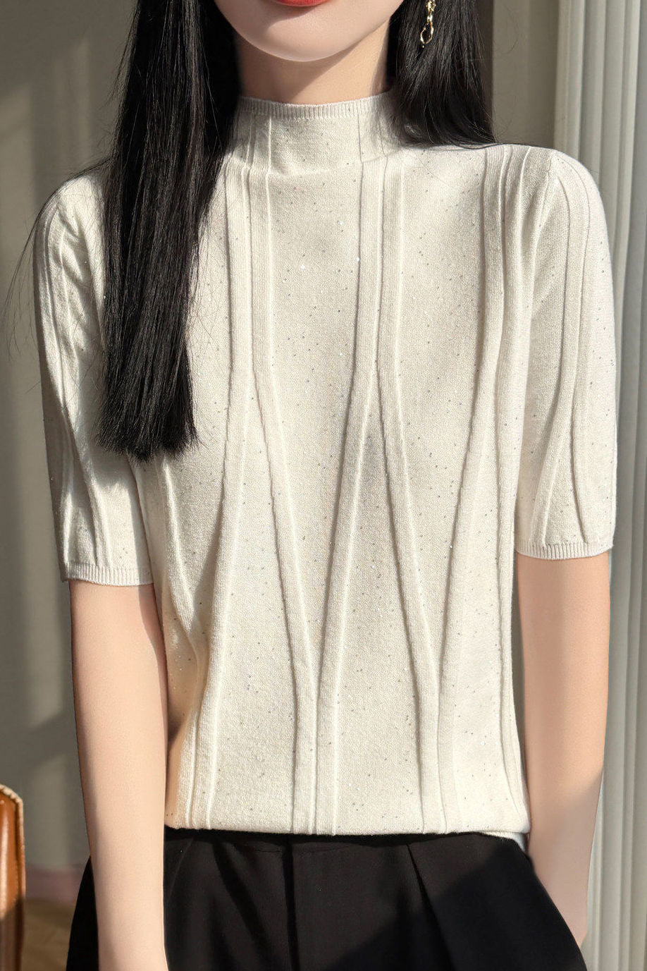 Elegant Commuter Mock Neck Sequin Ribbed Short Sleeve Knit Top