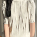 Elegant Commuter Mock Neck Sequin Ribbed Short Sleeve Knit Top