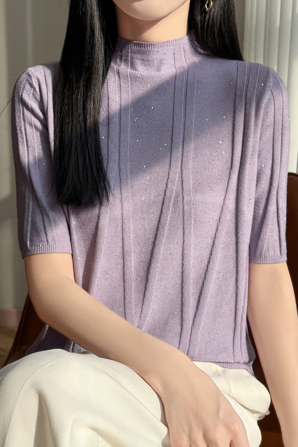 Elegant Commuter Mock Neck Sequin Ribbed Short Sleeve Knit Top