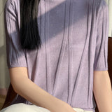 Elegant Commuter Mock Neck Sequin Ribbed Short Sleeve Knit Top