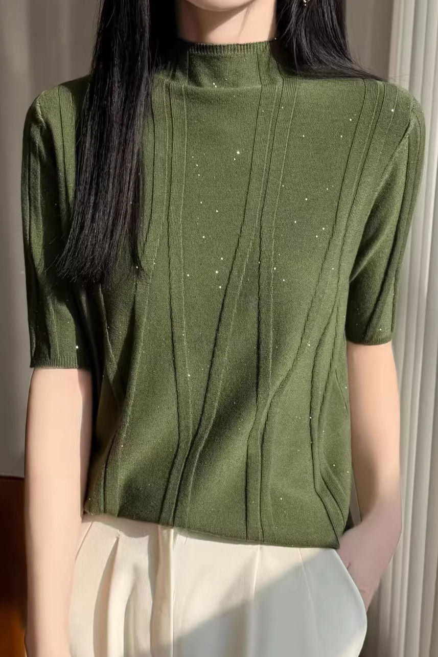 Elegant Commuter Mock Neck Sequin Ribbed Short Sleeve Knit Top