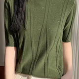 Elegant Commuter Mock Neck Sequin Ribbed Short Sleeve Knit Top