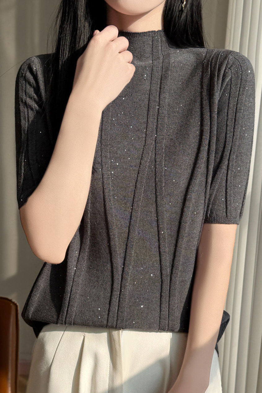 Elegant Commuter Mock Neck Sequin Ribbed Short Sleeve Knit Top