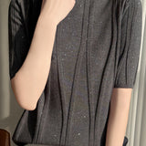 Elegant Commuter Mock Neck Sequin Ribbed Short Sleeve Knit Top