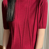 Elegant Commuter Mock Neck Sequin Ribbed Short Sleeve Knit Top