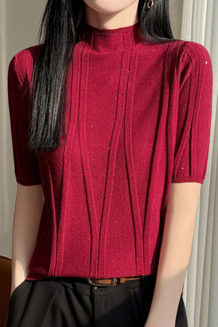 Elegant Commuter Mock Neck Sequin Ribbed Short Sleeve Knit Top