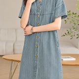 Casual V-neck Single-breasted Short Sleeve Denim Dress