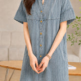 Casual V-neck Single-breasted Short Sleeve Denim Dress